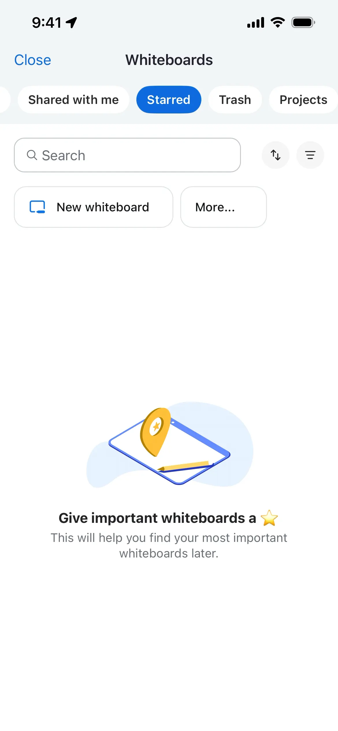 Screen showing whiteboards with options to add new or see starred, trash, and project sections.