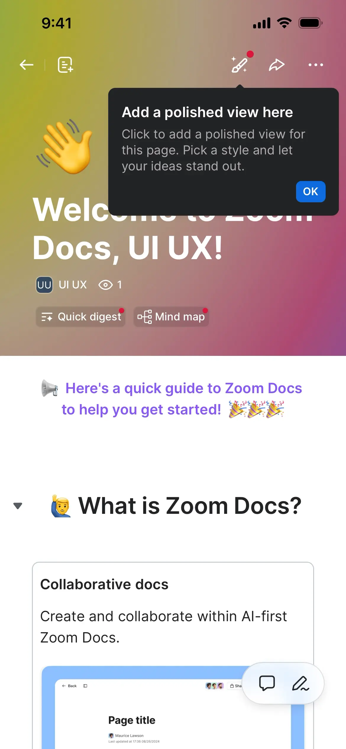 Welcome screen for Zoom Docs with options to add a view and a guide to get started.