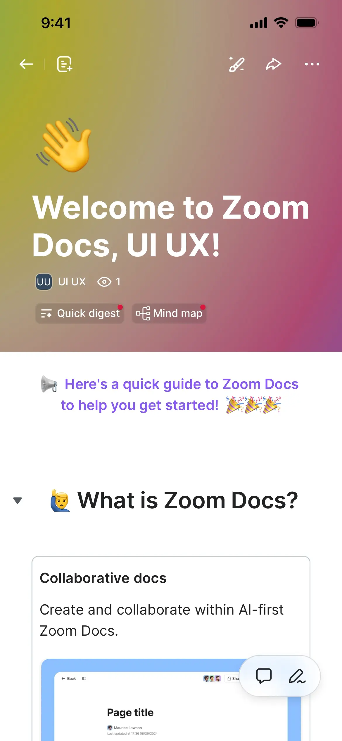 Screenshot showing welcome message and guide on Zoom Docs UI UX.