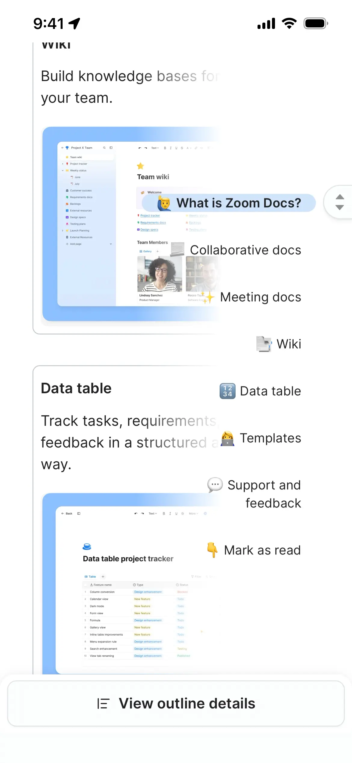 Screenshot of Zoom Workplace showing the wiki and data table sections with list items.