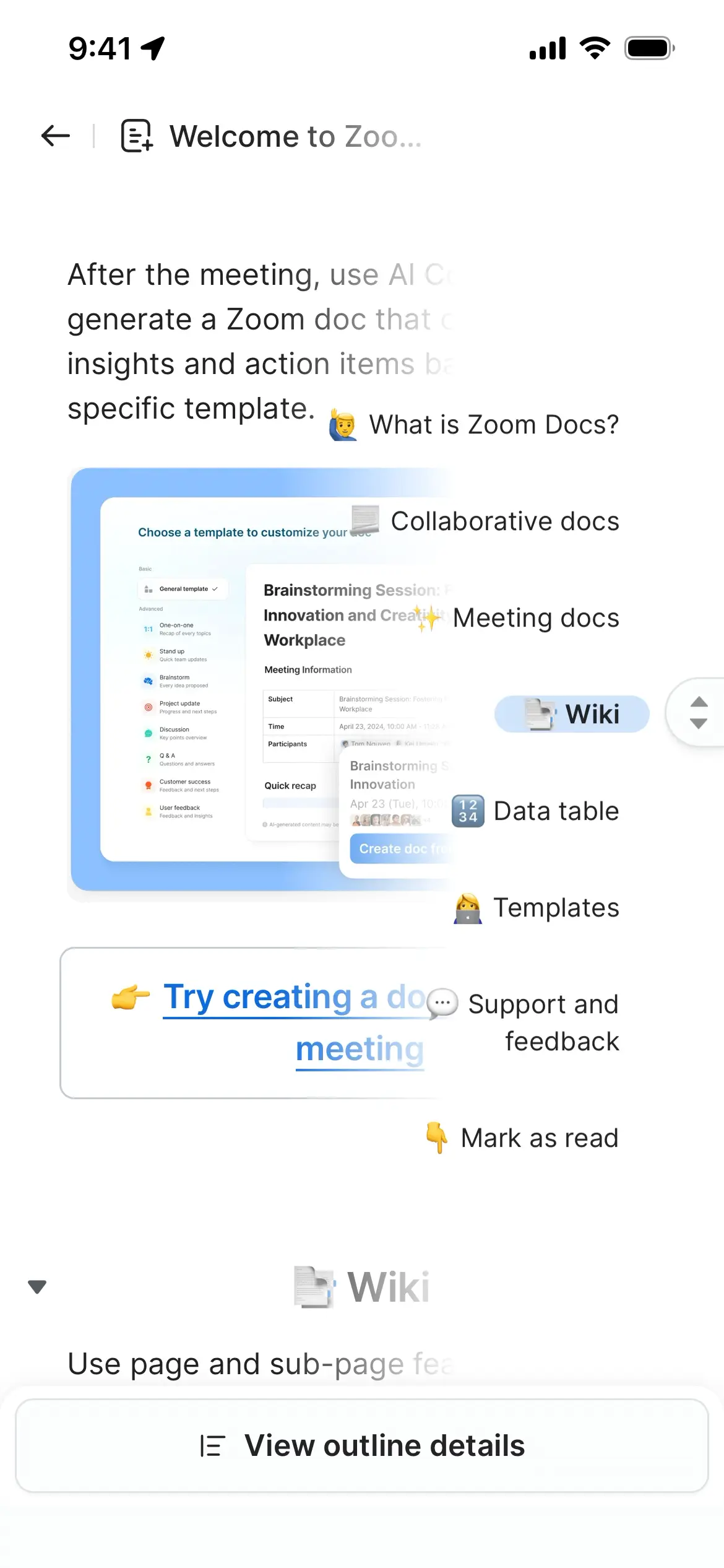 Welcome screen of Zoom Workplace with options for collaborative and meeting docs.