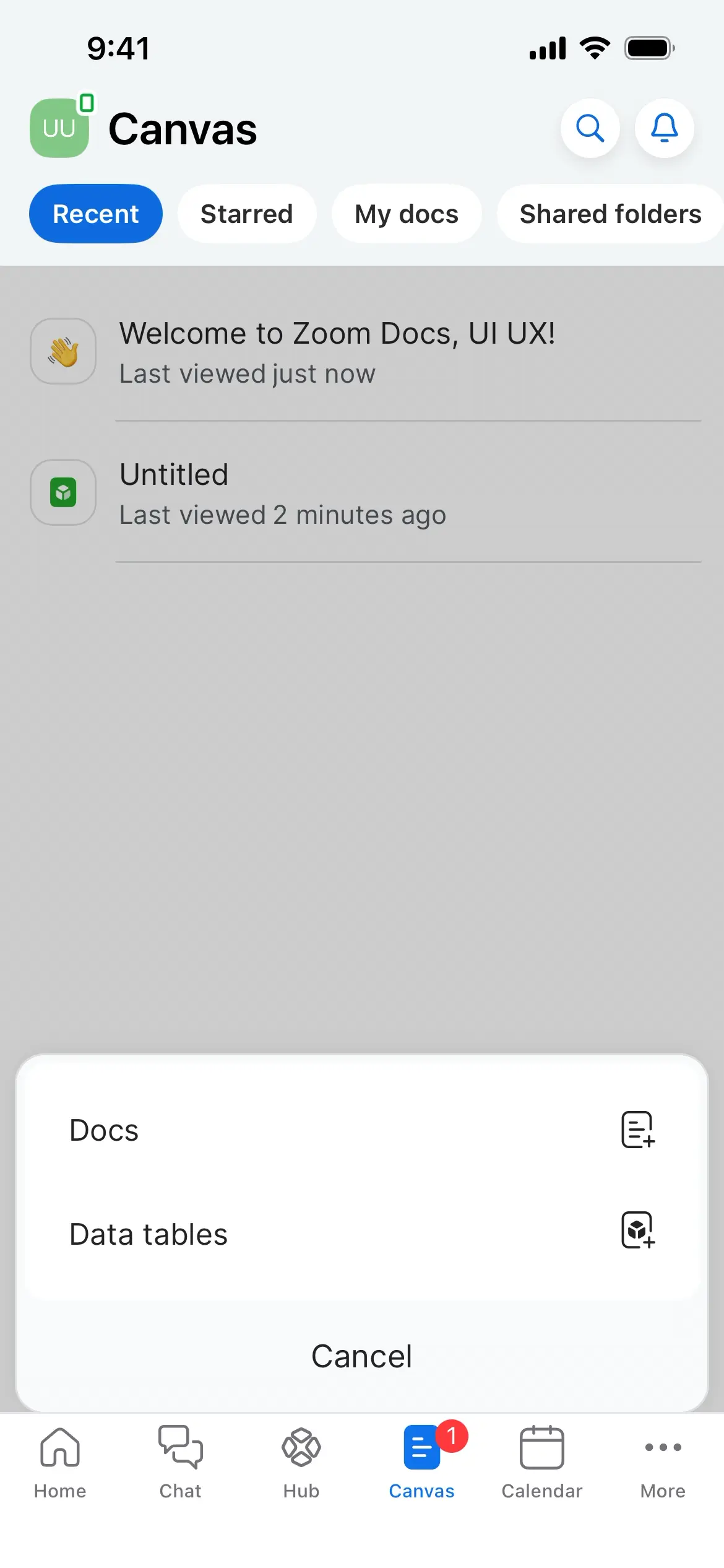 Zoom Docs screen showing recent documents, options for Docs and Data tables.