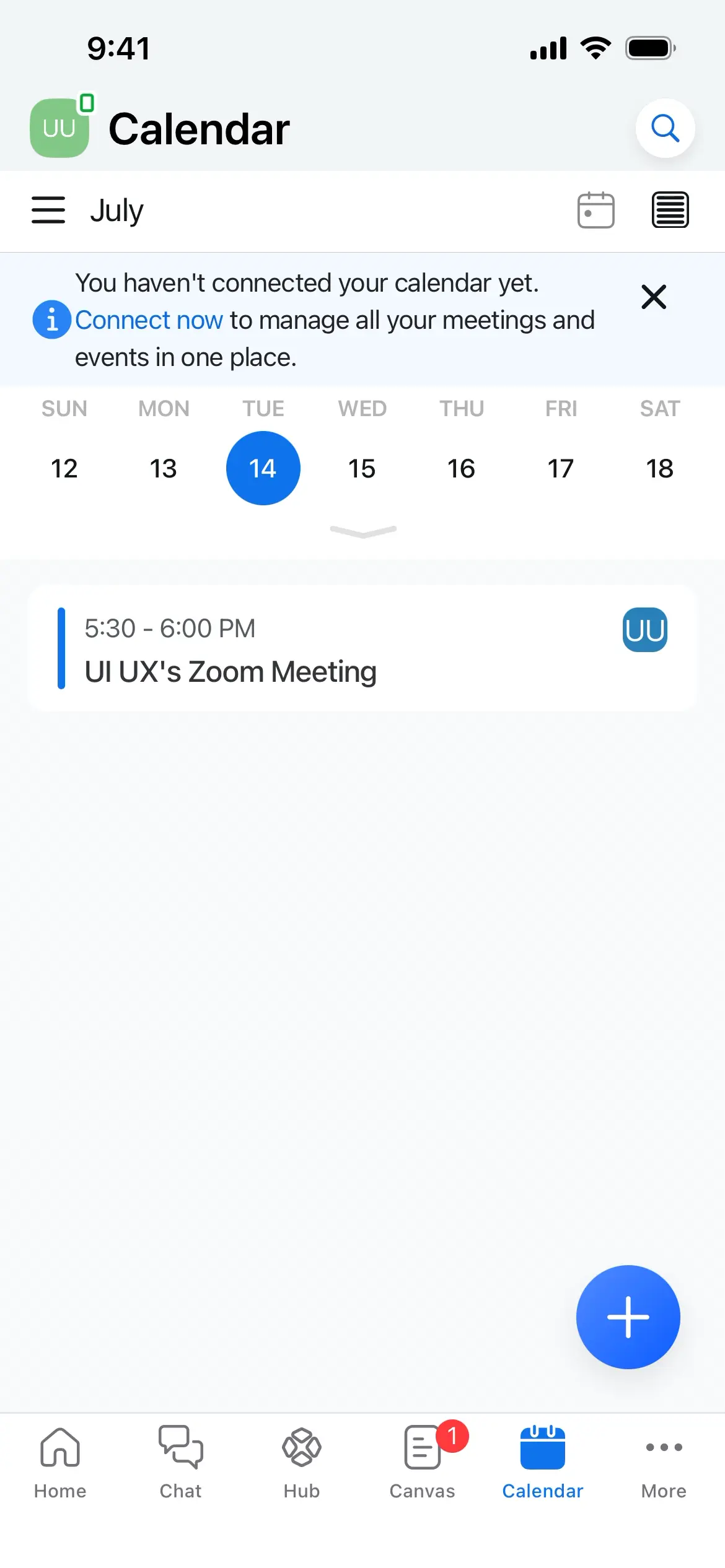Calendar screen showing July with a scheduled Zoom meeting at 5:30 PM.