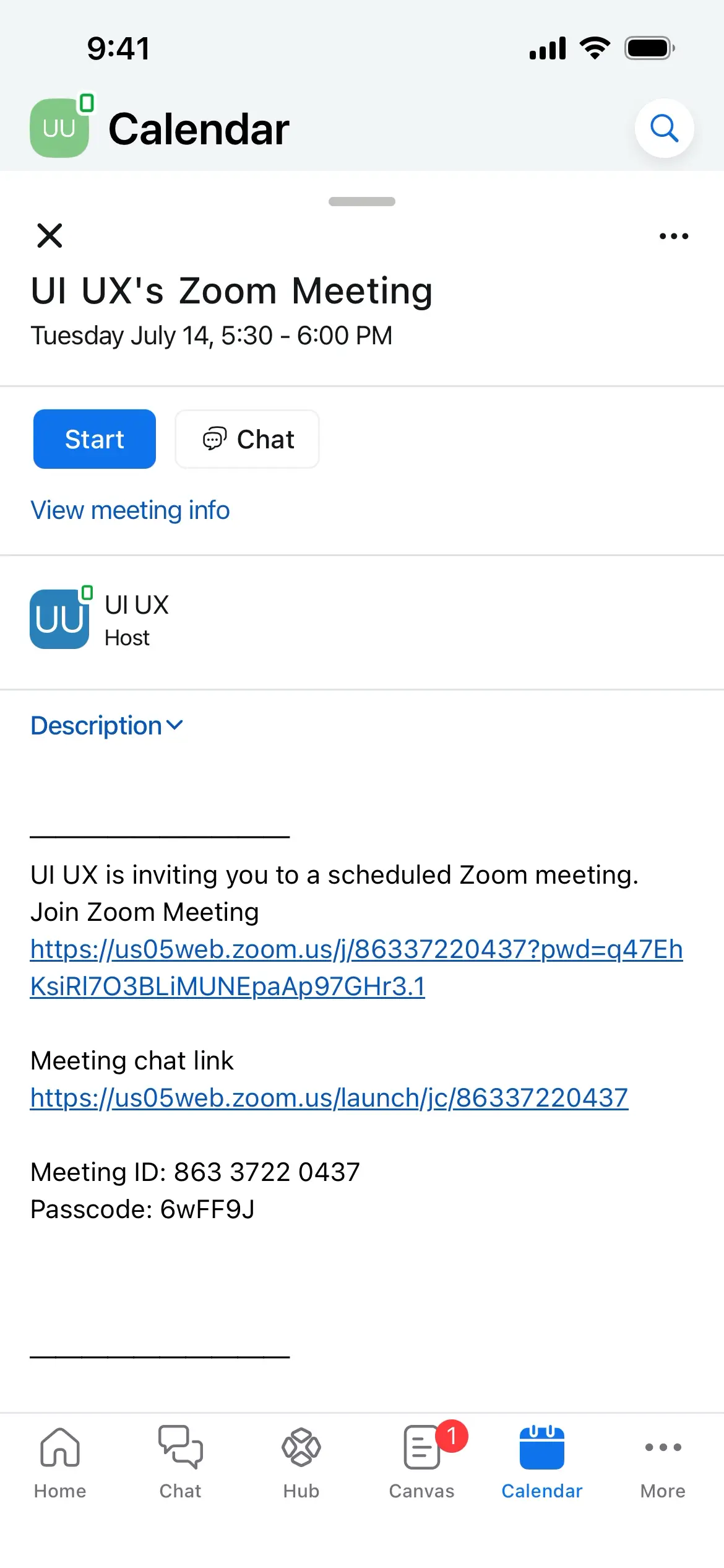 Zoom Workplace calendar screen with meeting details and options.