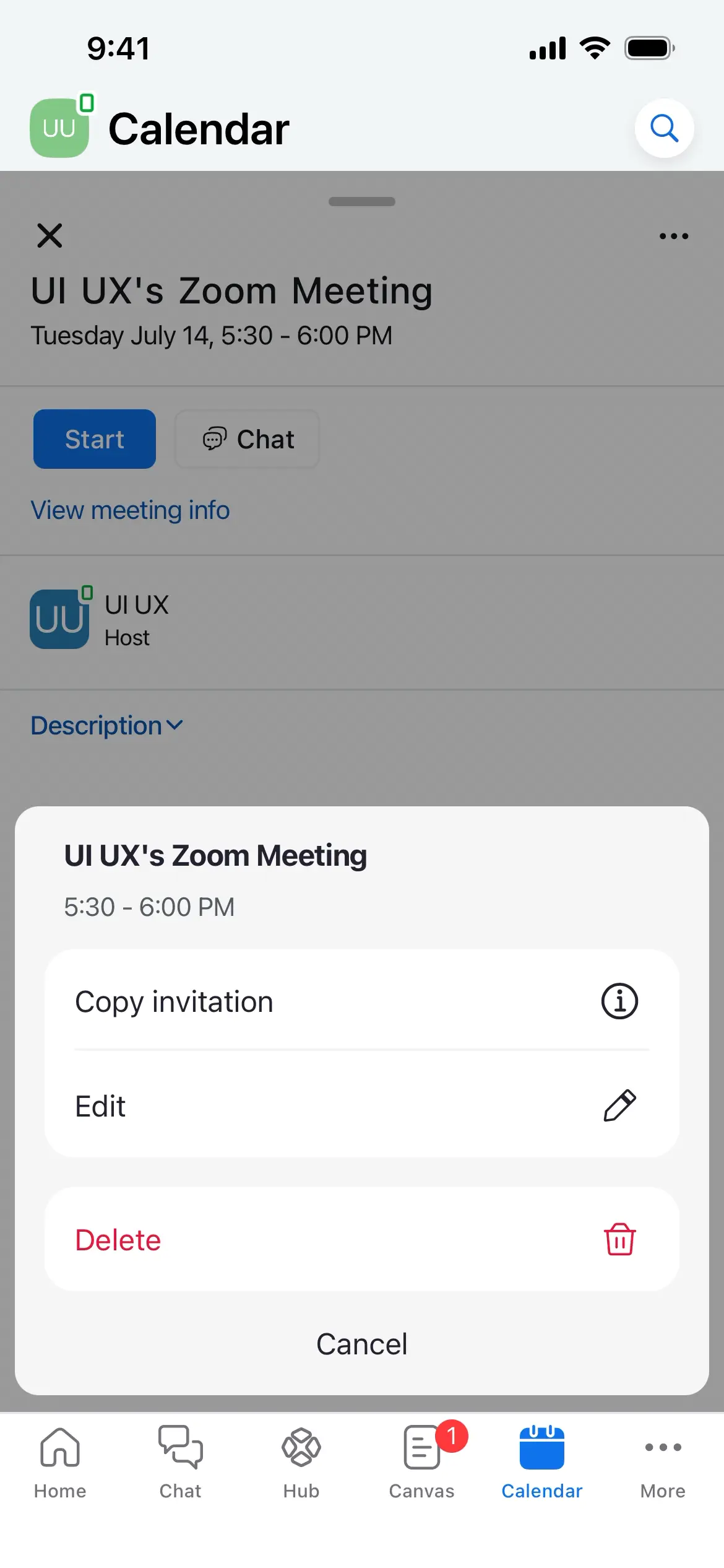 Calendar screen displaying details of a Zoom meeting with options to start, chat, and edit.