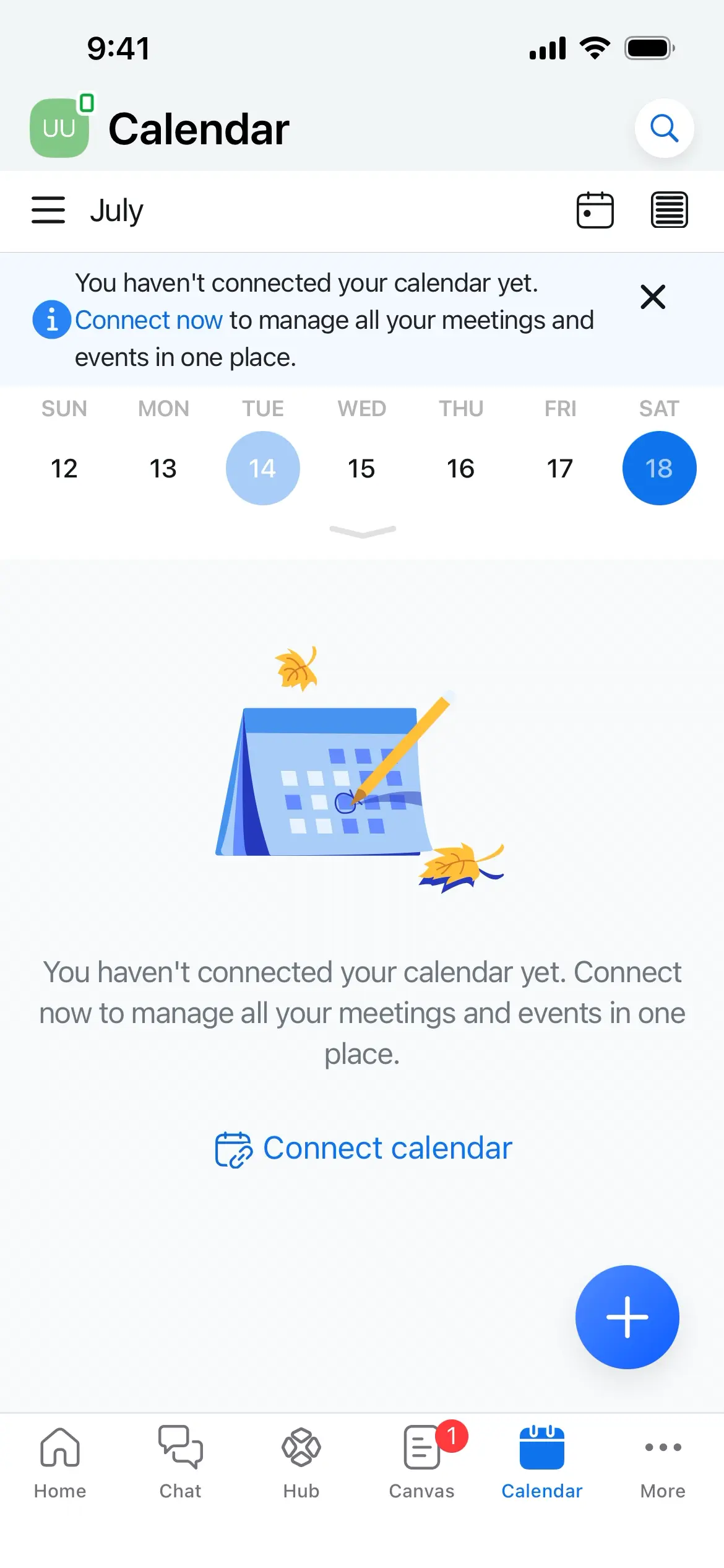 Calendar screen displaying a notification to connect the user's calendar.