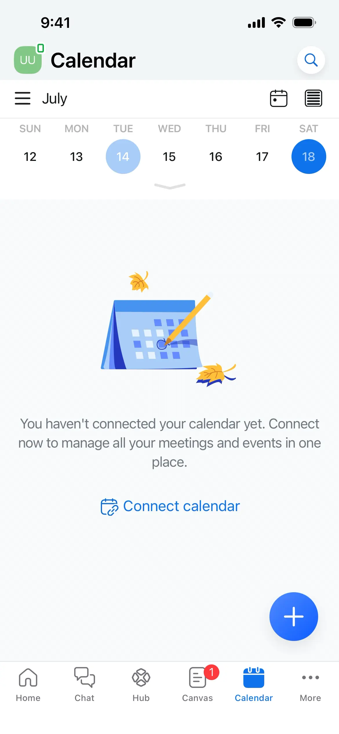 Calendar screen with a message to connect calendar and a blue button.