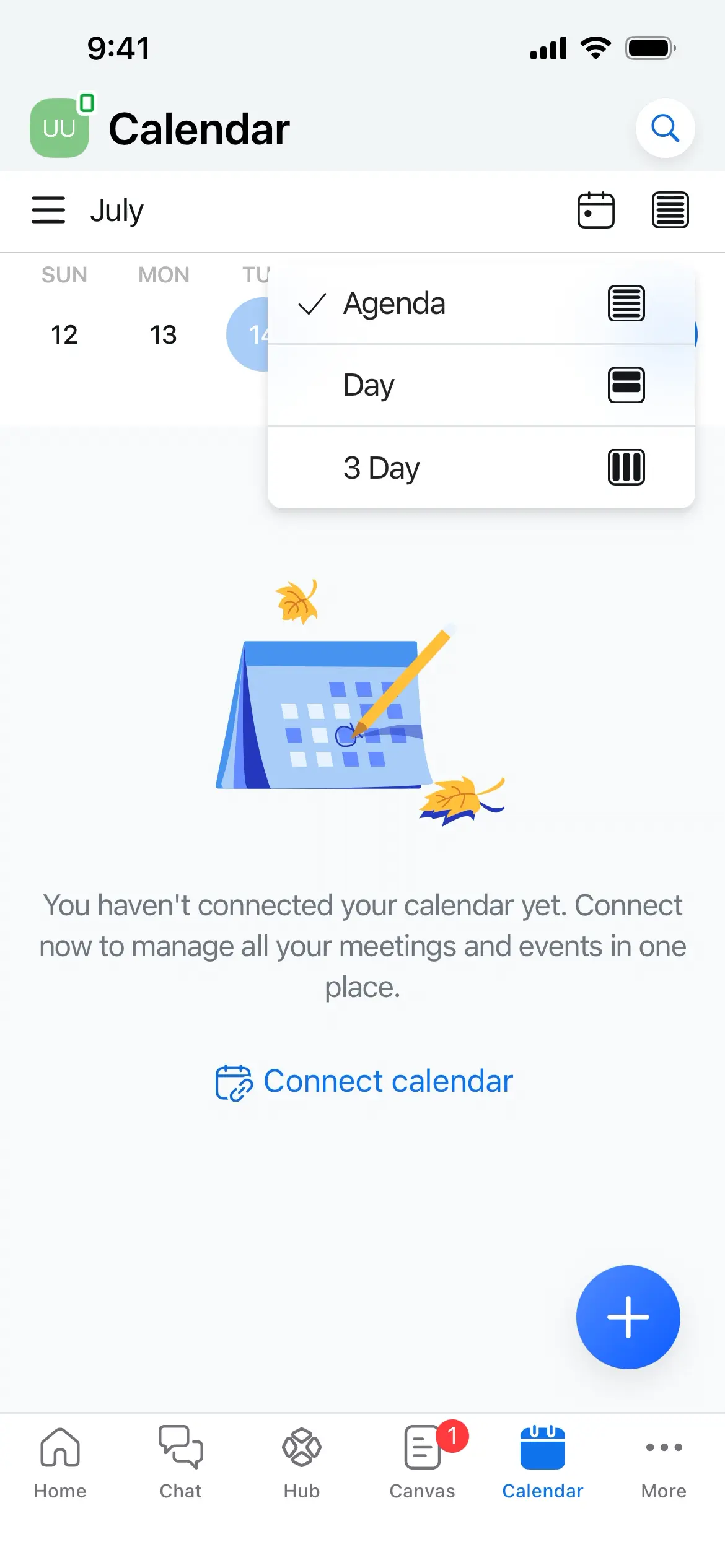 Calendar view with options to select agenda, day, or 3-day layout and a prompt to connect calendar.