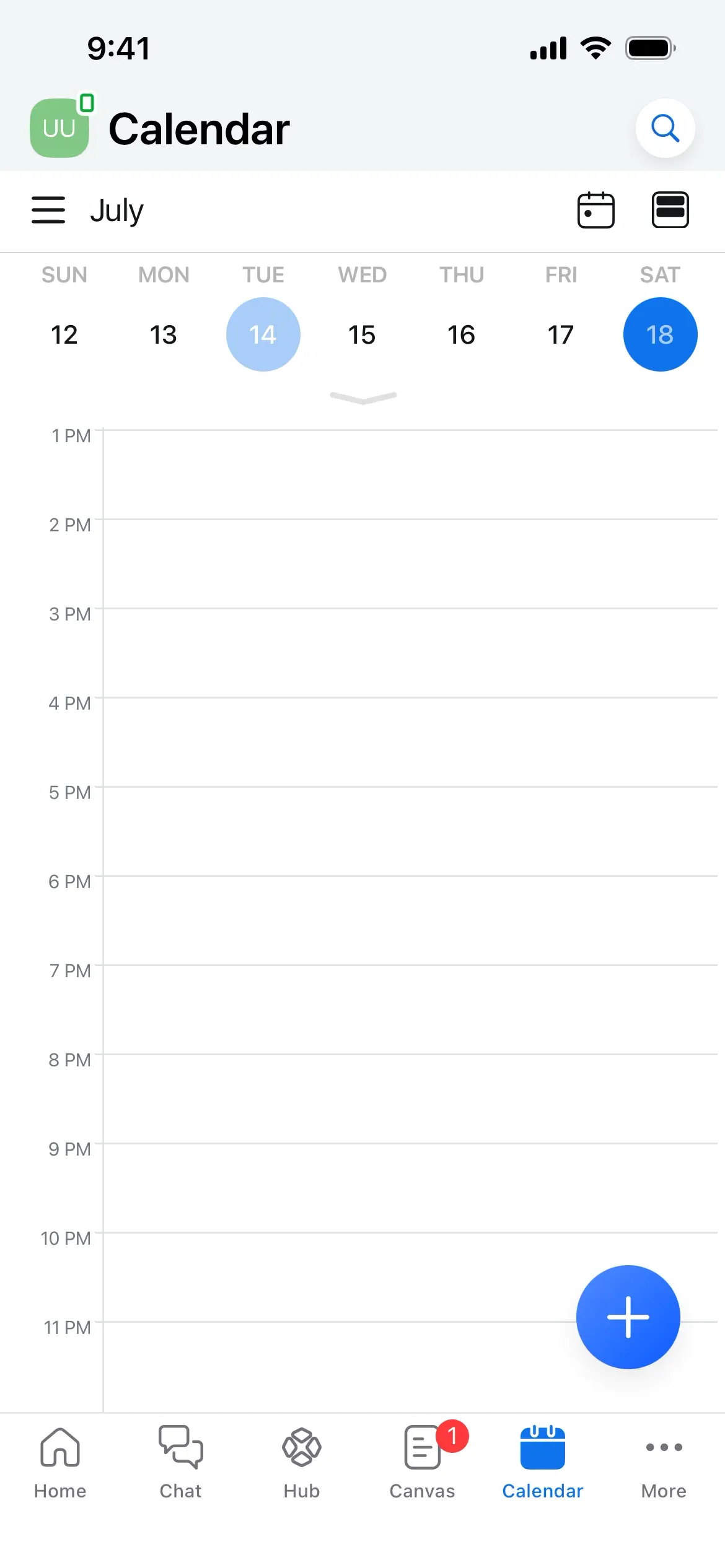 Calendar view for July with time slots from 1 PM to 11 PM and an add event button.