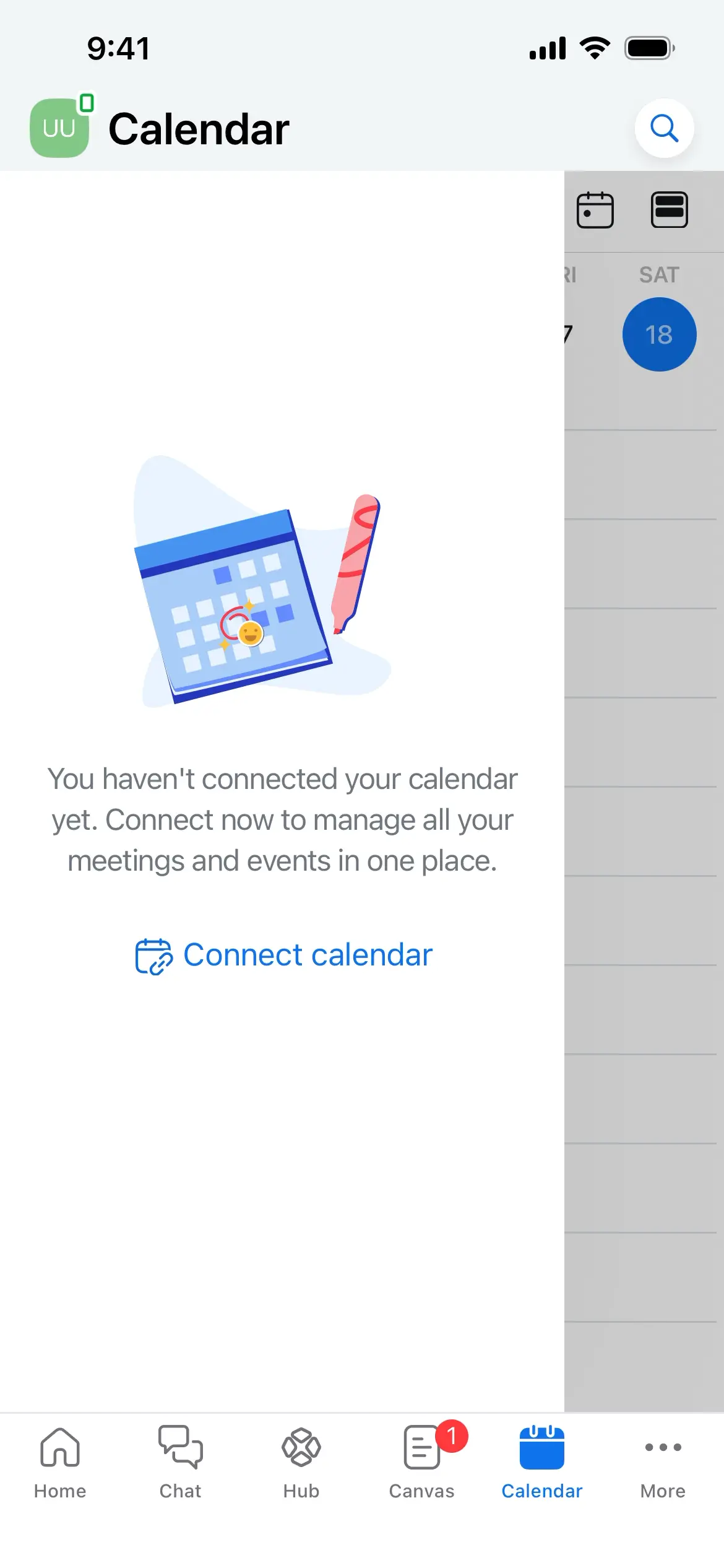 Screen prompting user to connect their calendar with a calendar icon.