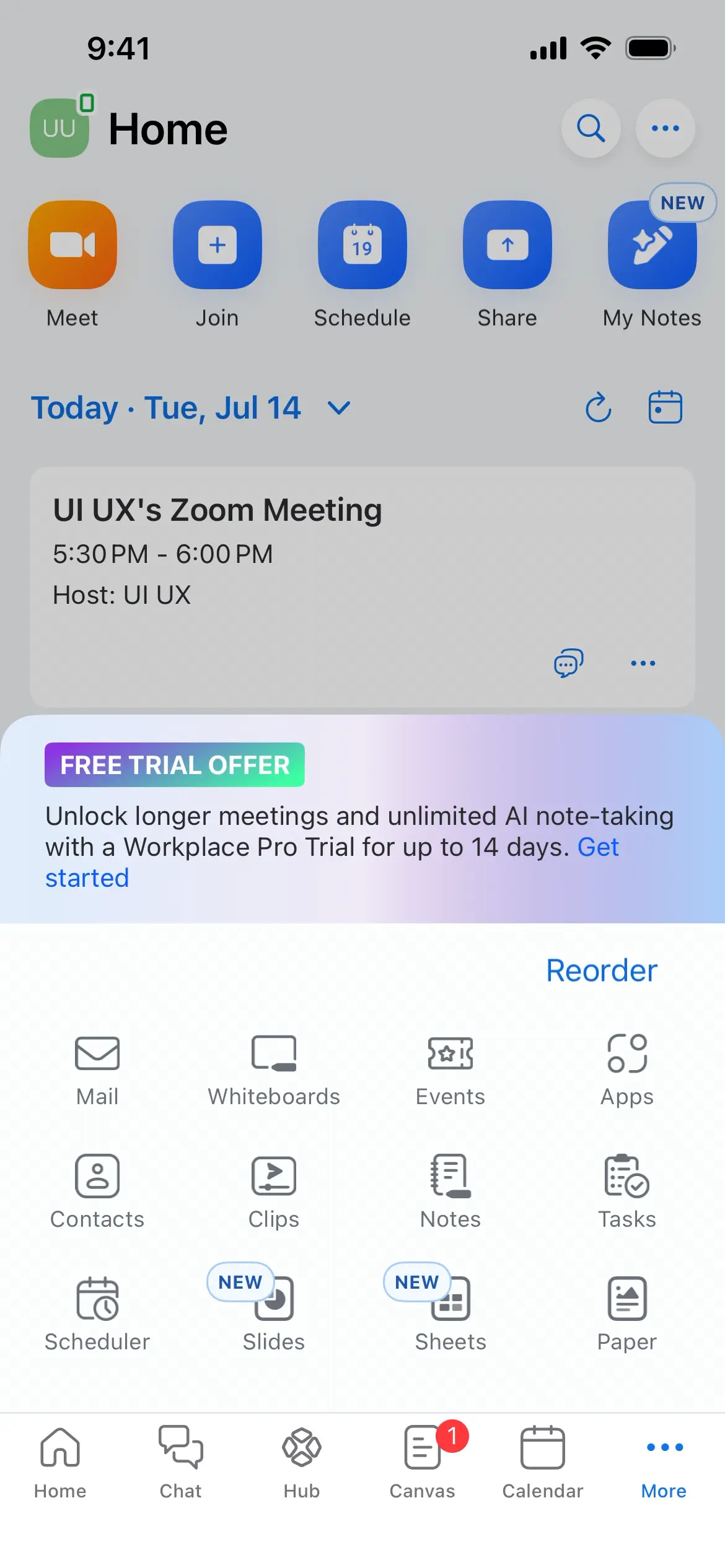 Home screen displaying Zoom meeting details and features available in the app.