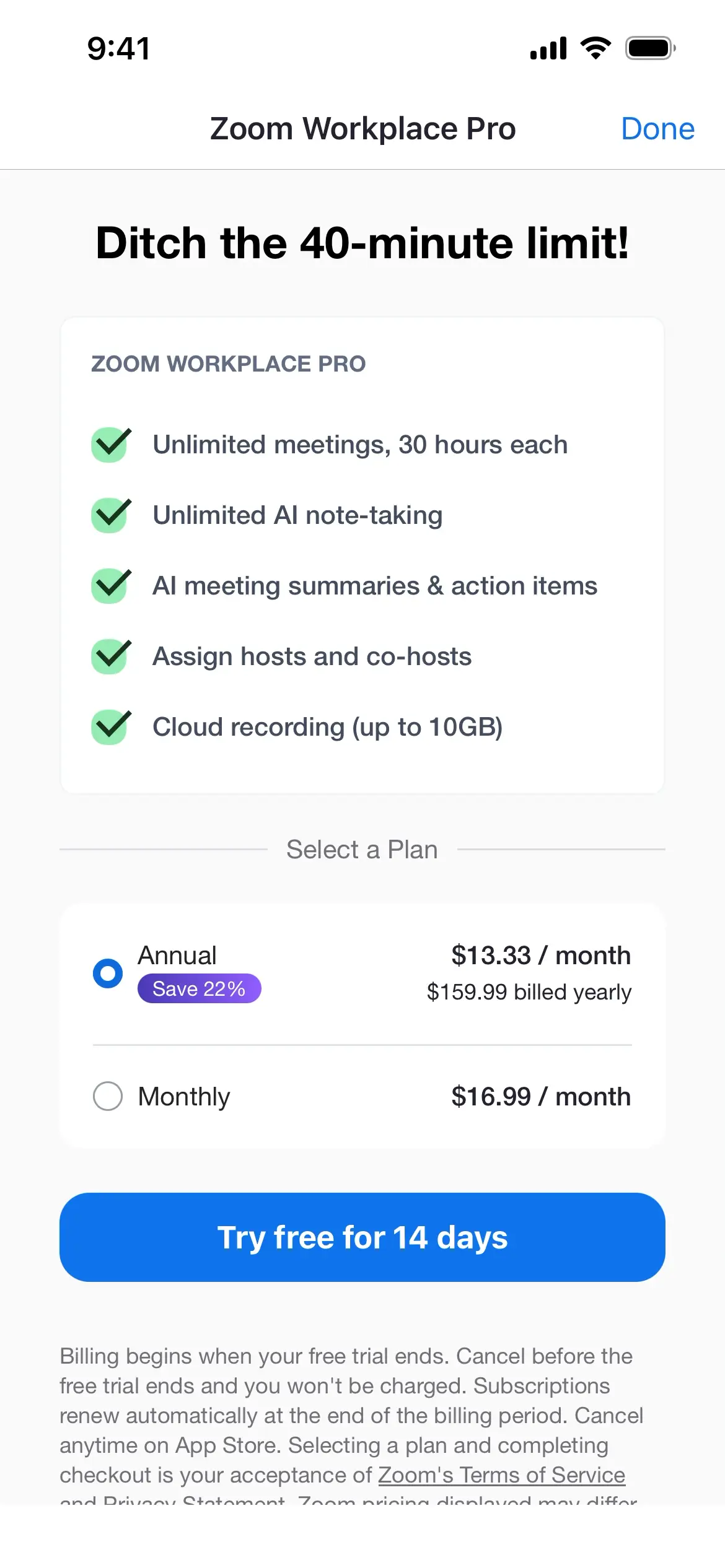 Subscription options for Zoom Workplace Pro showing features and pricing.