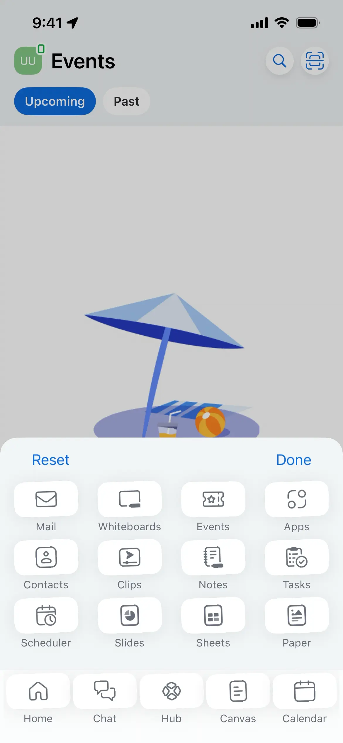 Events screen with buttons for various app features and a beach illustration.