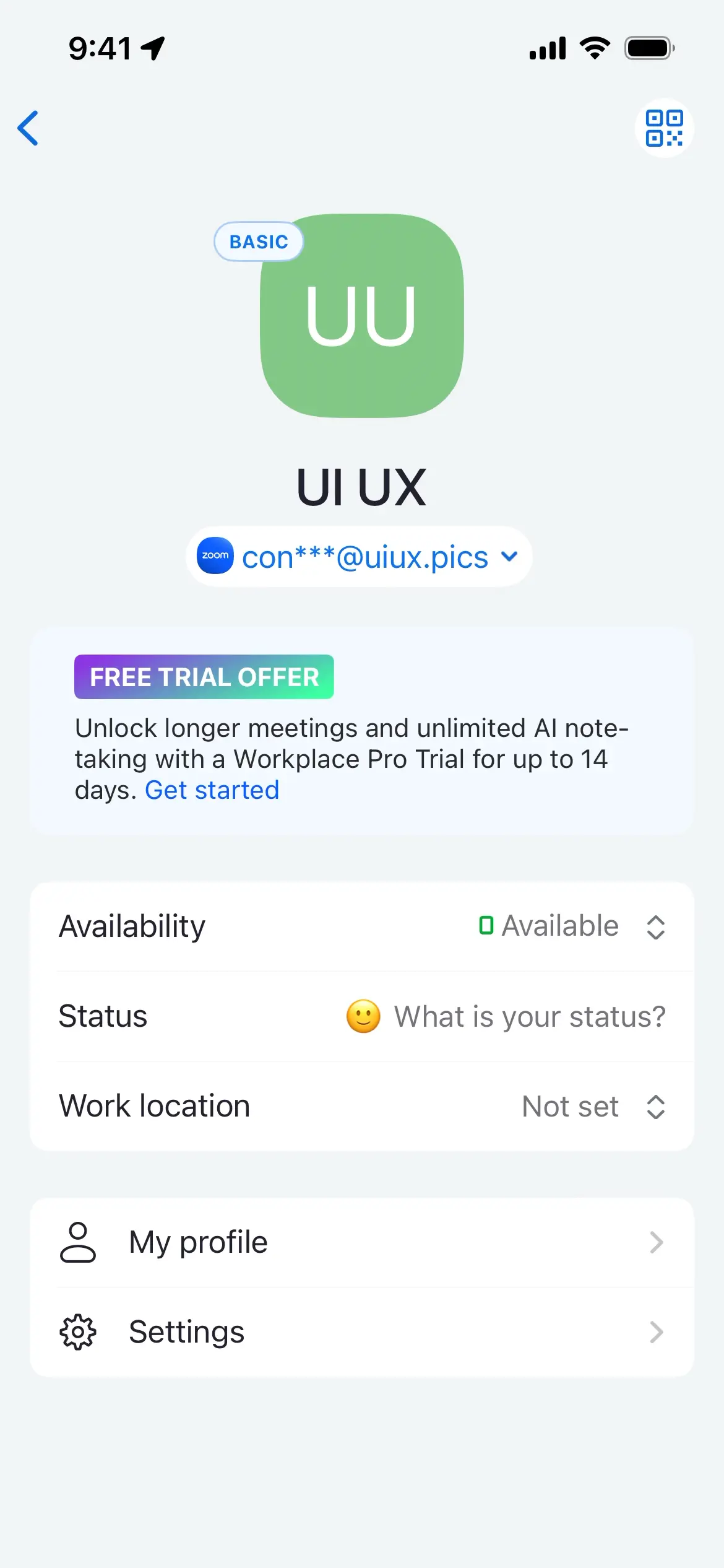 User profile screen displaying availability, status, and settings.