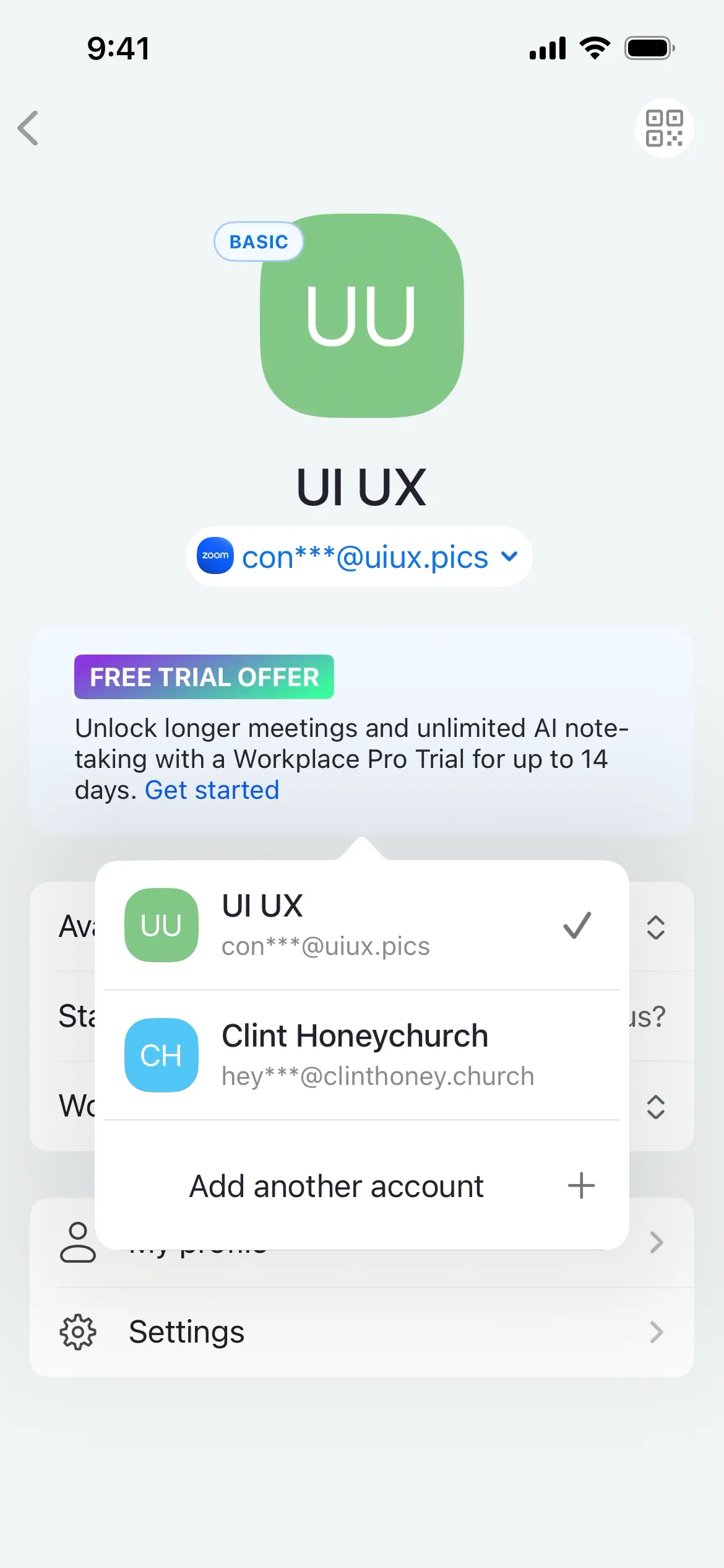 Settings screen of Zoom Workplace with account options and a free trial offer.
