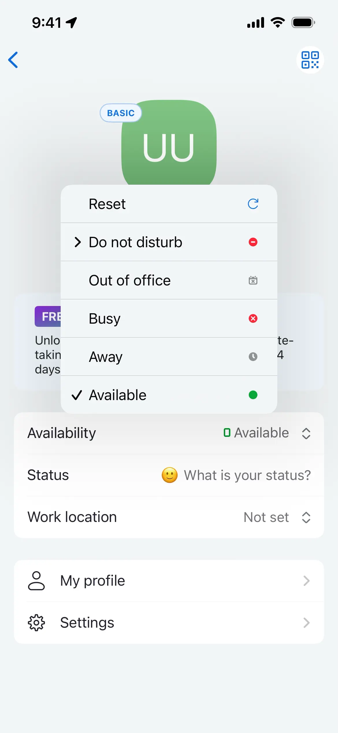 Settings menu for availability and status in Zoom Workplace app.