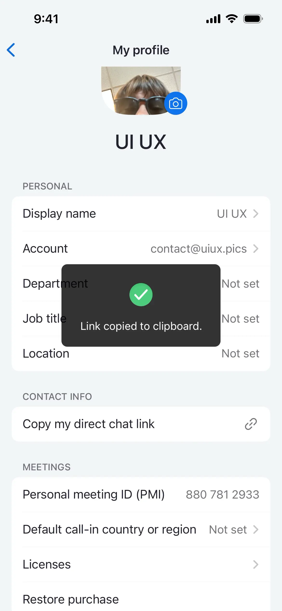 Profile screen showing details about the user, including a photo and contact info.