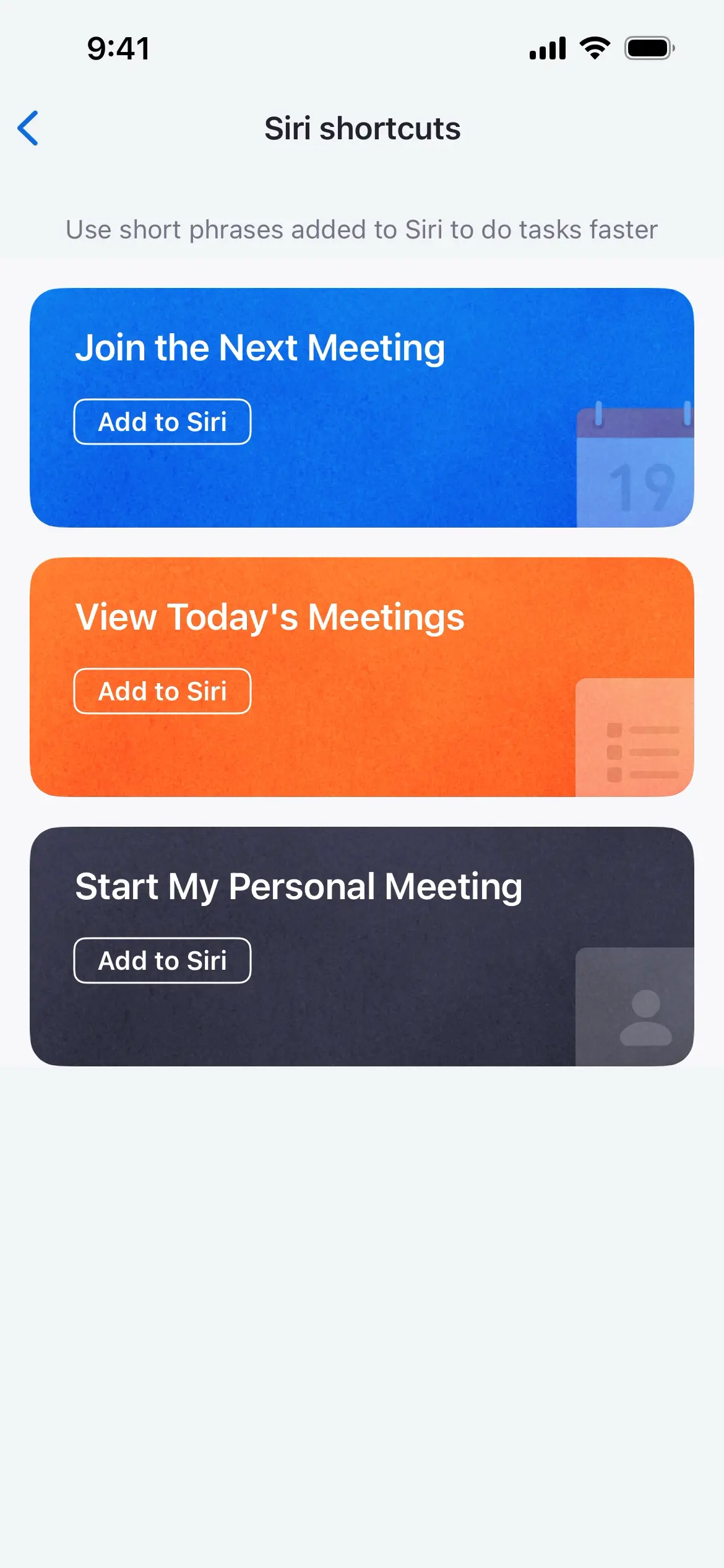 Siri Shortcuts screen with options to join, view, and start meetings.