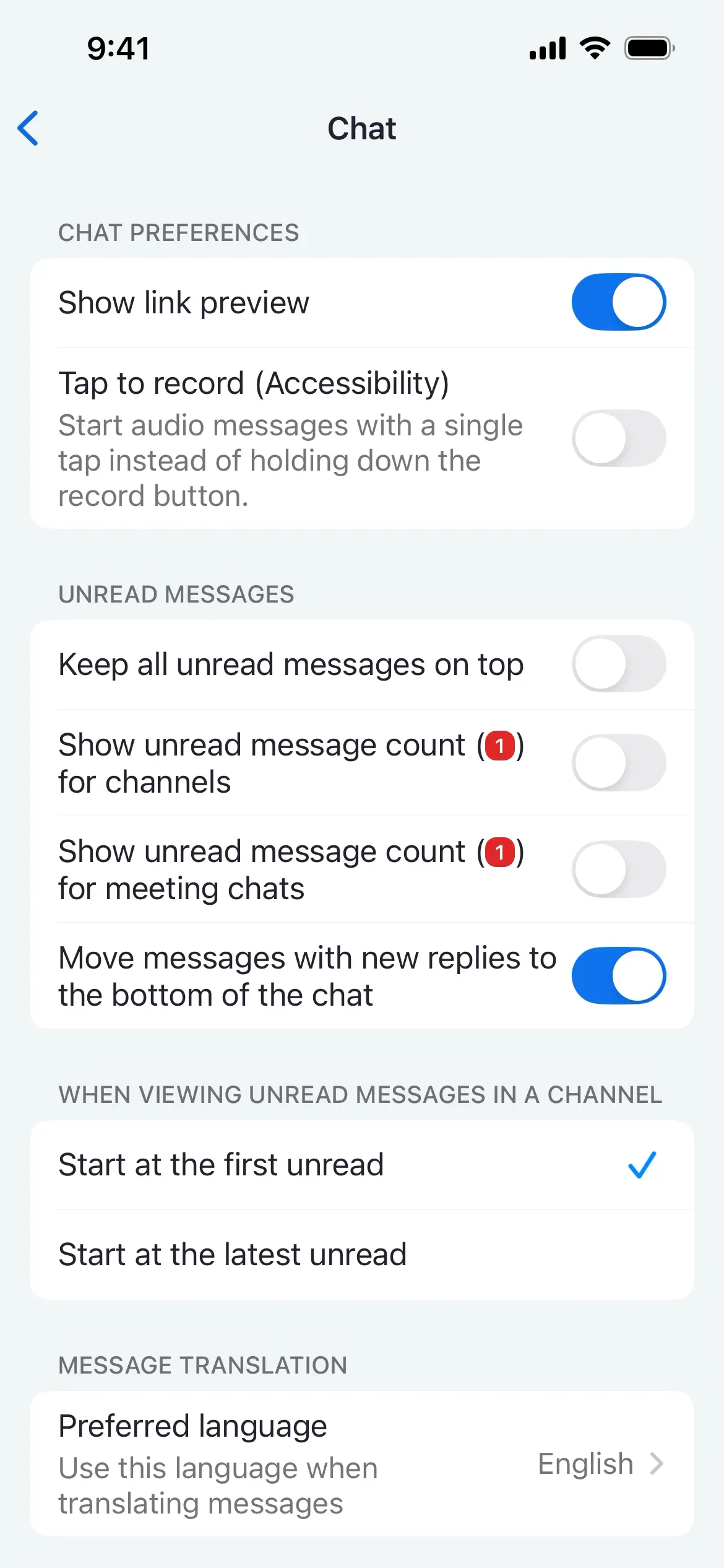 Settings screen for chat preferences in Zoom Workplace app.